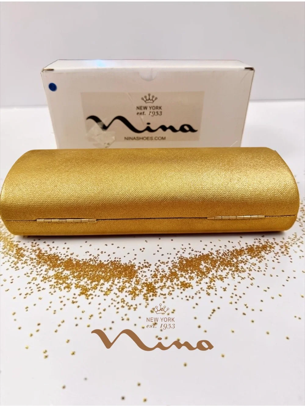 NWT Nina Xandra Barrel Minaudière Clutch – Pure Gold (New in Box)